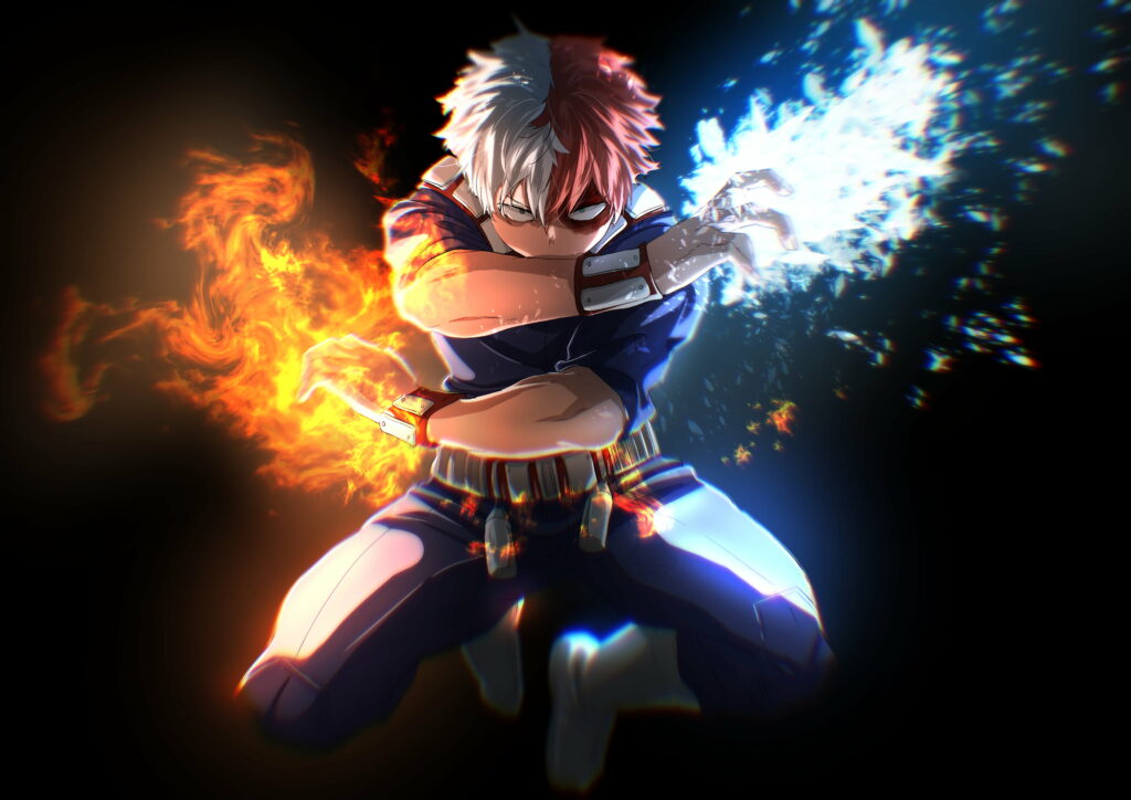 Shoto Todoroki My Hero Academia wallpaper with dual quirk flames and ice heroic pose