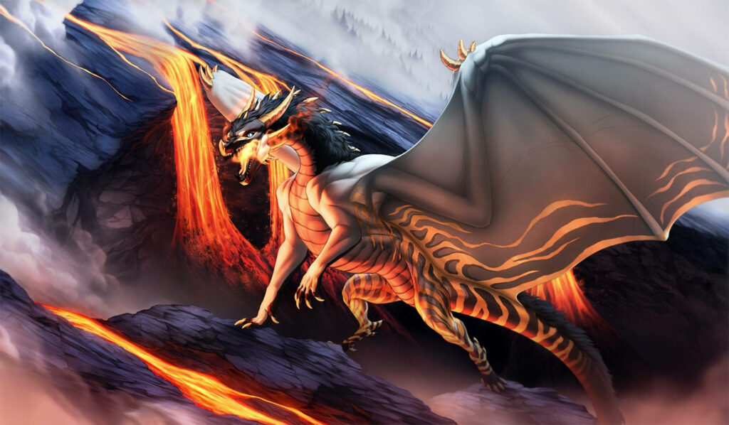 Blazing Beast Ascending the Molten Peak: Spectacular Digital Art featuring a Grey Lava Dragon with Flaming Stripes Scaling a Volcanic Mountain engulfed in Smoke. Wallpaper