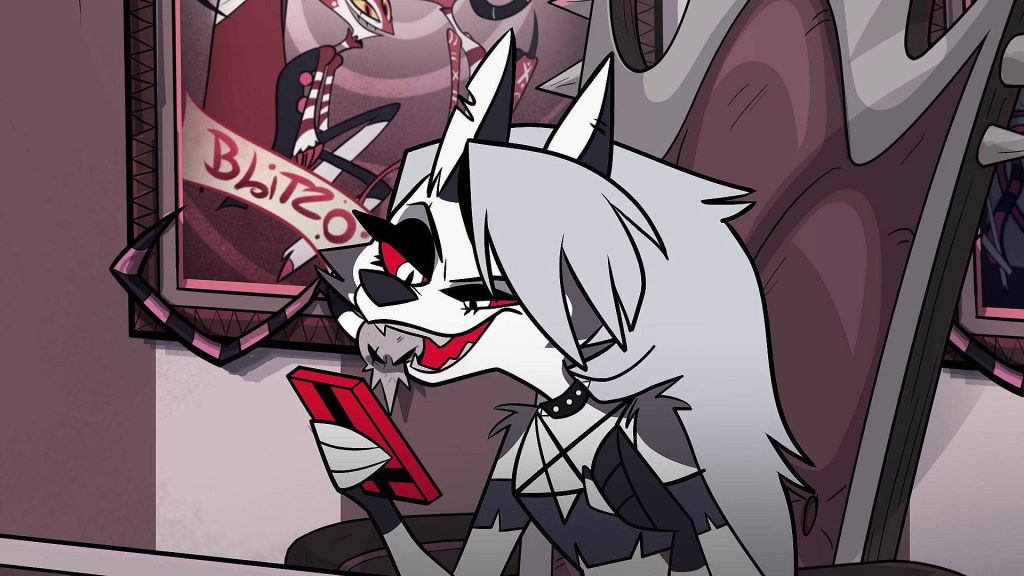 Loona from Helluva Boss edgy hellhound browsing phone with Blitzo portrait vibrant wallpaper
