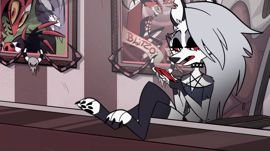 Loona from Helluva Boss lounging bored in I M P office scrolling on red phone wallpaper background