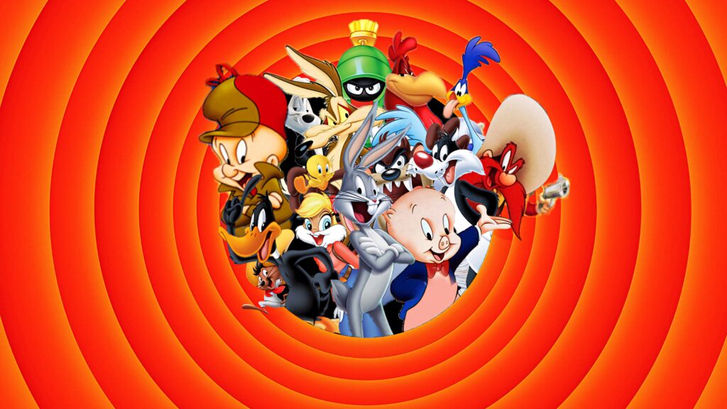 Looney Tunes wallpaper with Bugs Bunny Daffy Duck and friends on red concentric circle background