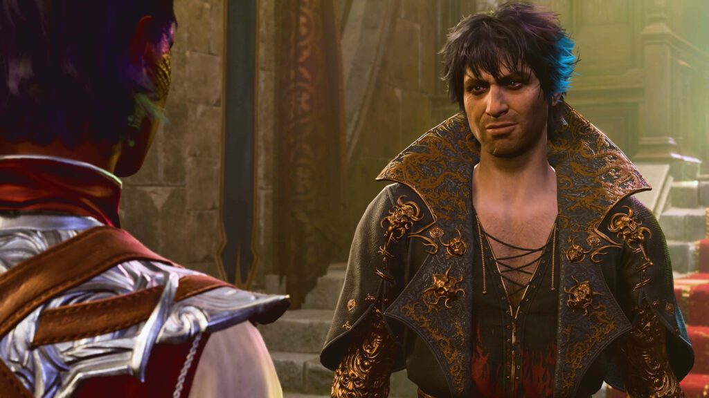 Lord Enver Gortash in ornate robes interacting indoors detailed Baldurs Gate 3 scene wallpaper