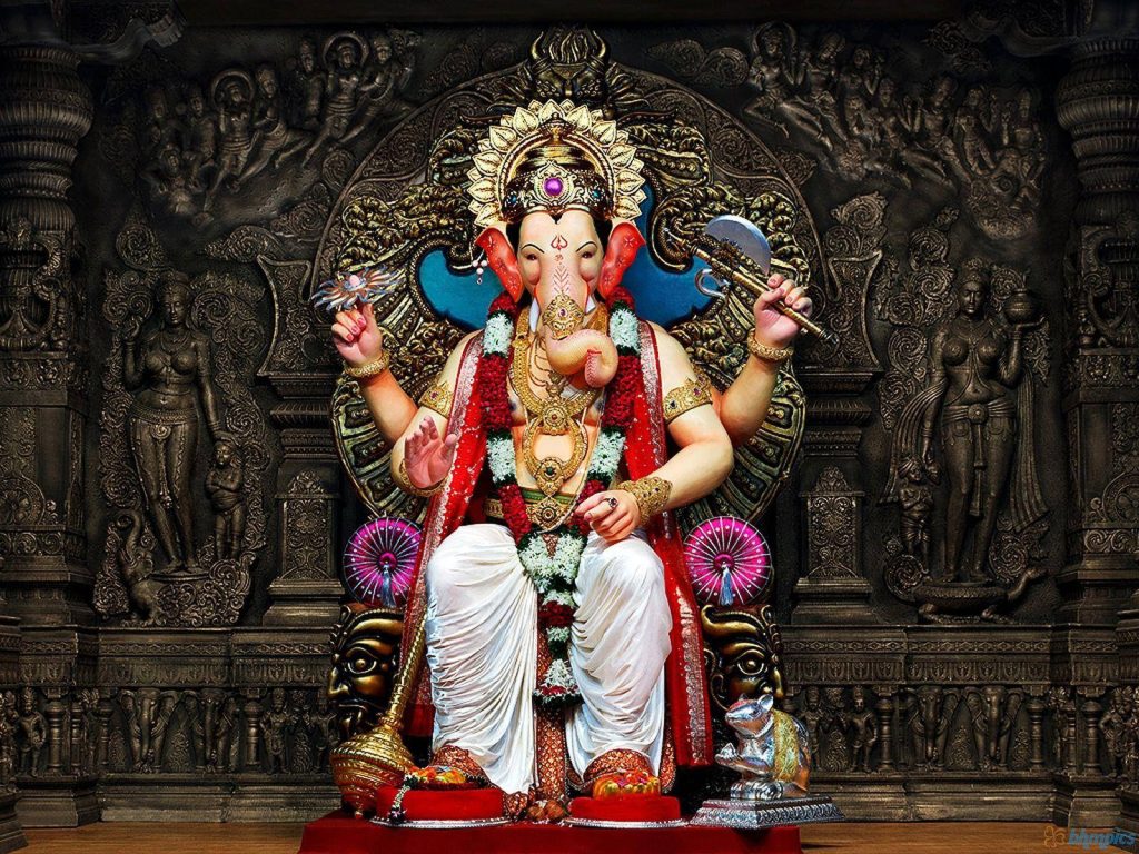 Lord Ganesh seated on bronze altar with red white attire and mouse high resolution wallpaper