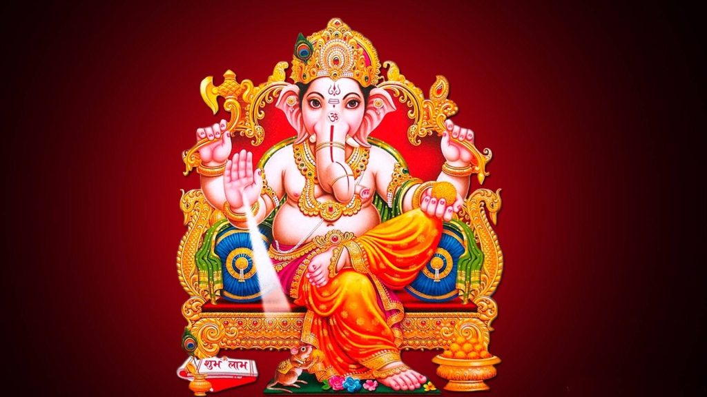 Lord Ganesh on golden throne with Shubh Labh scroll and mouse black red wallpaper background