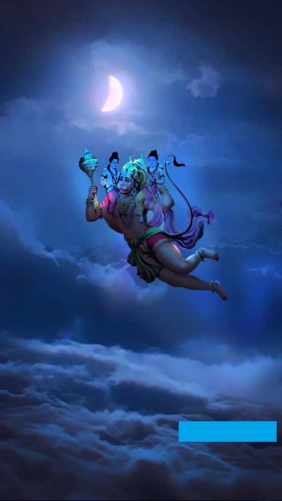 Digital art of Lord Hanuman flying under moonlight with Lord Rama Lakshmana and glowing clouds Wallpaper