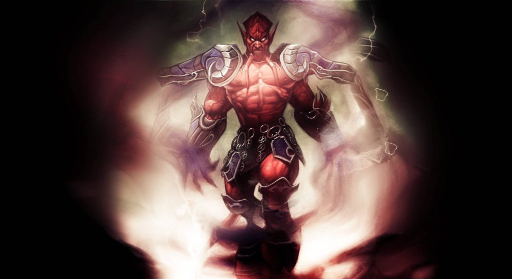 Lord Jaraxxus Hearthstone wallpaper with red smoke lightning dark fantasy gaming background