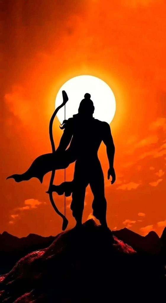 Lord Rama silhouette with bow on hill at sunrise vibrant orange spiritual wallpaper background