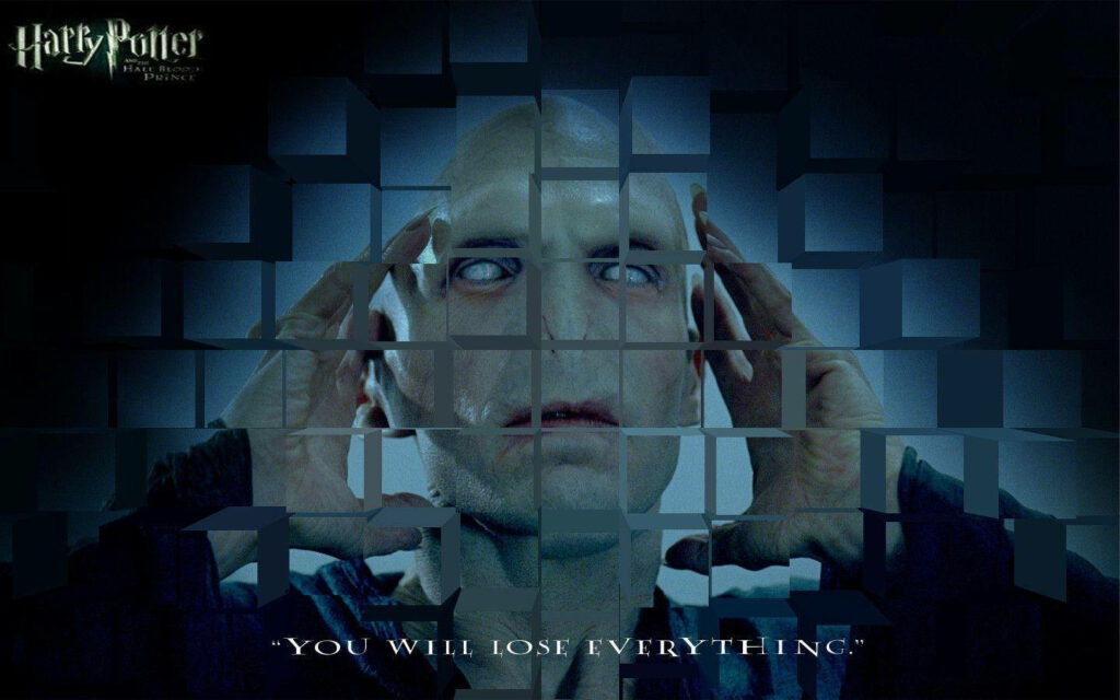 Lord Voldemort cube art wallpaper with fragmented blocks intense Harry Potter background