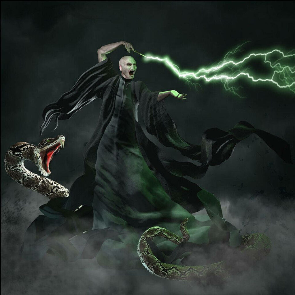 Lord Voldemort casting dark magic with swirling mist and serpent Nagini in intense scene Wallpaper