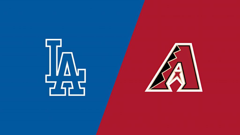 Los Angeles Dodgers and Arizona Diamondbacks logos on split blue red background baseball wallpaper