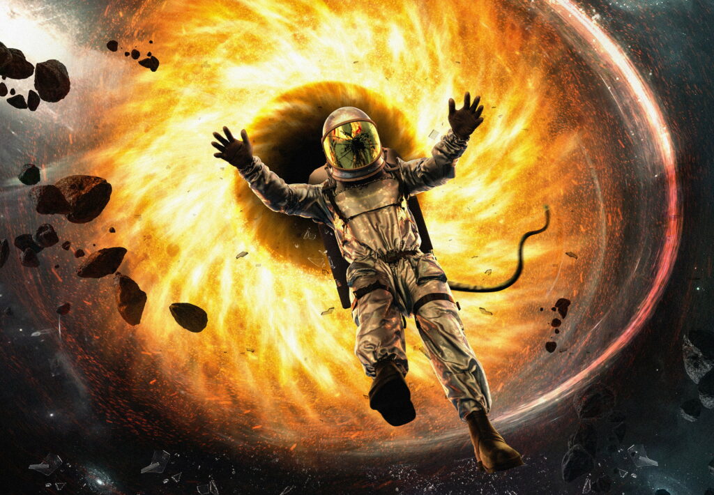 Interstellar Descent: Captivating HD Wallpaper of an Astronaut Plunging into a Black Hole