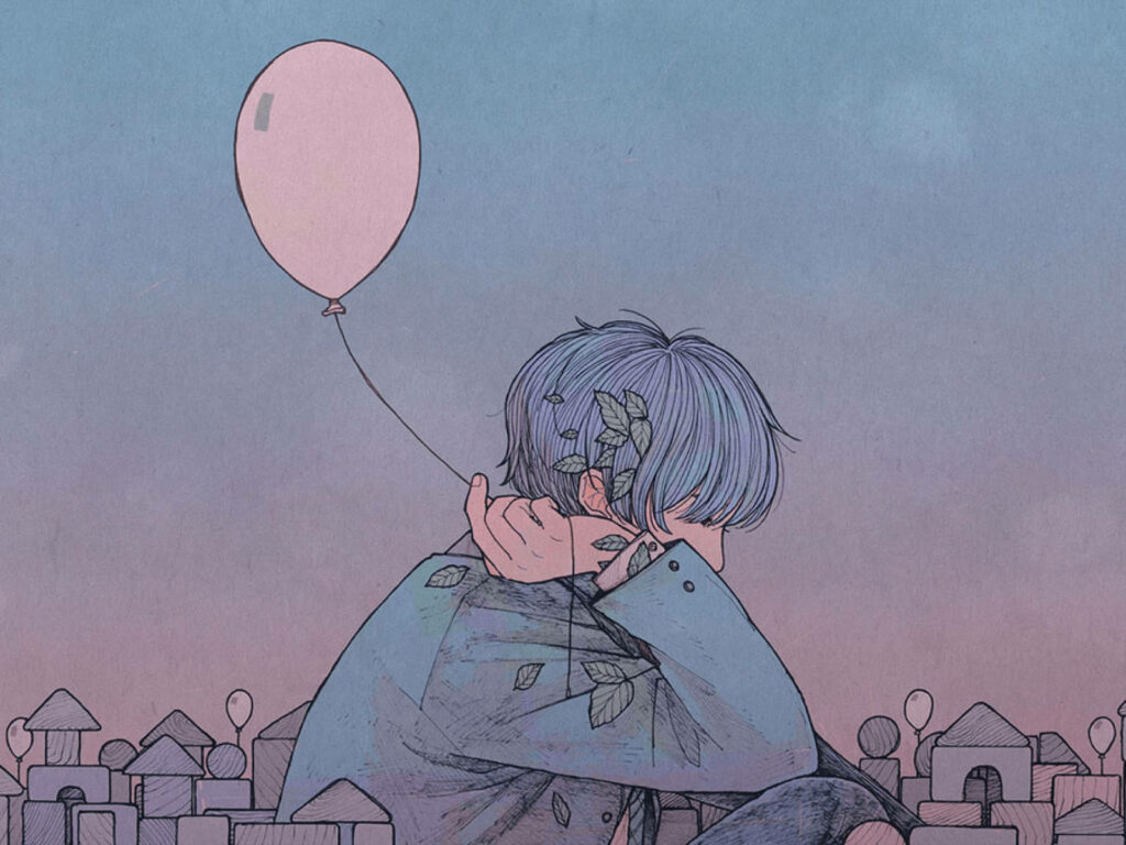 Melancholic Charms: A Serene Anime Boy Embracing Solace amidst a Bubblegum Dreamscape Wallpaper