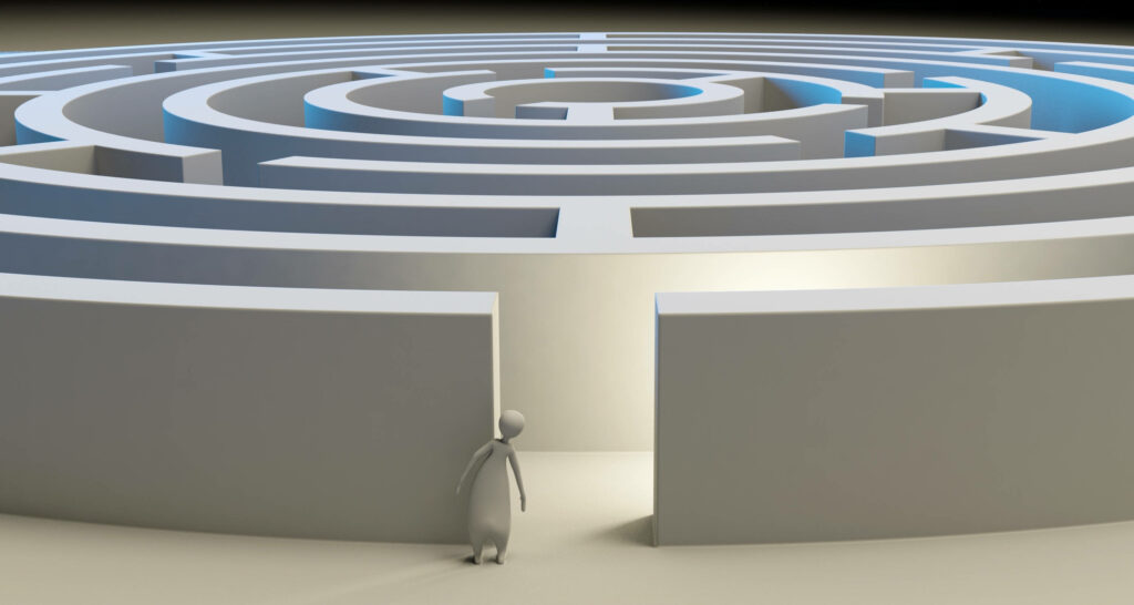 Lost in the 3D White Round Maze: A Person Peeks into the Entrance Amidst High Walls - Background Photo Wallpaper