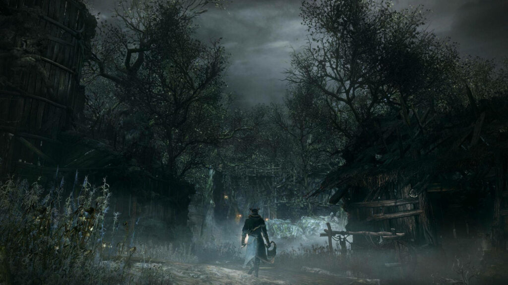Journeying Alone: A Glimpse of Bloodborne's Perilous Woods in the Dark Wallpaper