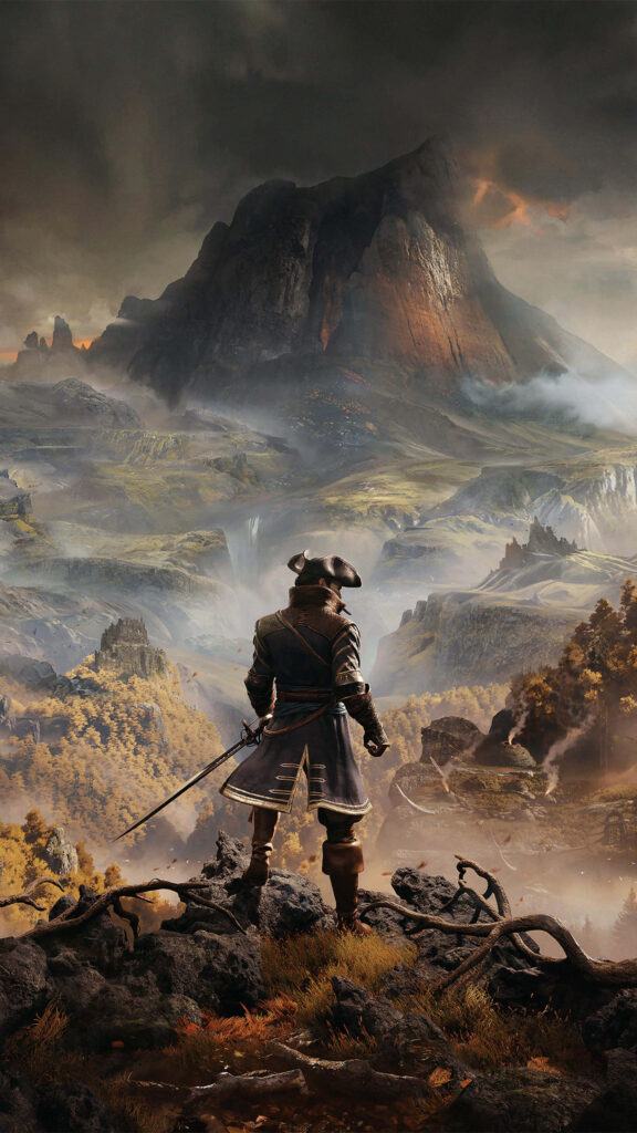 Lost in the Virtual World: A Lone Mobile Gamer in the Wilderness Wallpaper