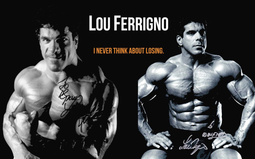 Lou Ferrigno muscular bodybuilding poses with motivational quote I never think about losing wallpaper