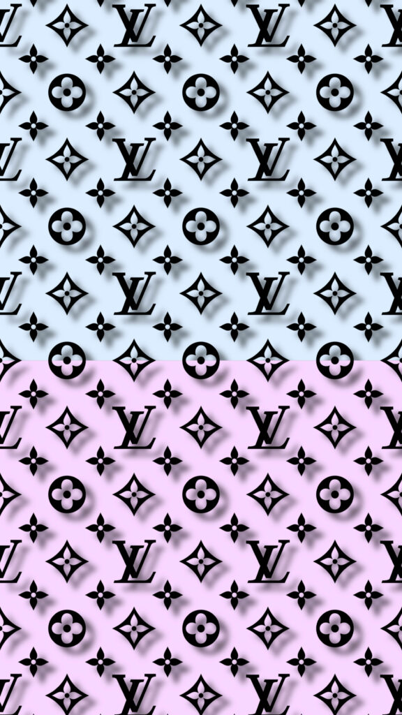 Louis Vuitton monogram wallpaper with black pattern on split light blue and soft pink background