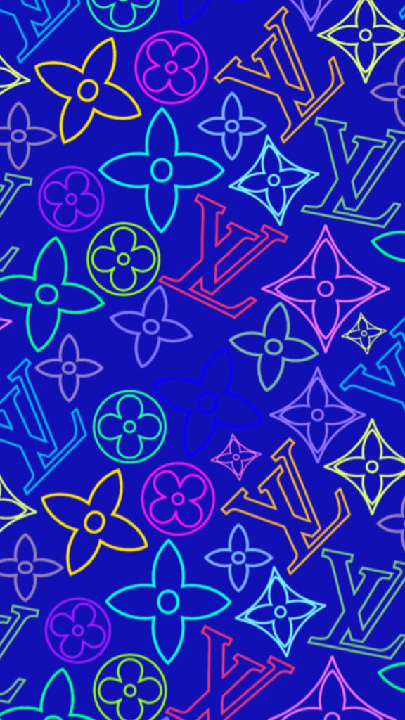 Louis Vuitton neon monogram flowers wallpaper vibrant blue background stylish floral pattern