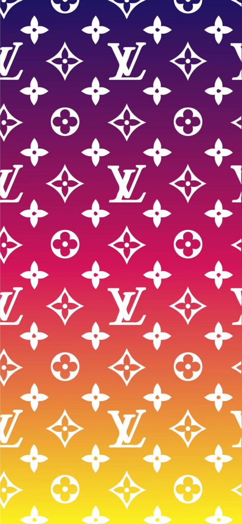 Louis Vuitton phone wallpaper with white monogram on vibrant purple to yellow gradient background