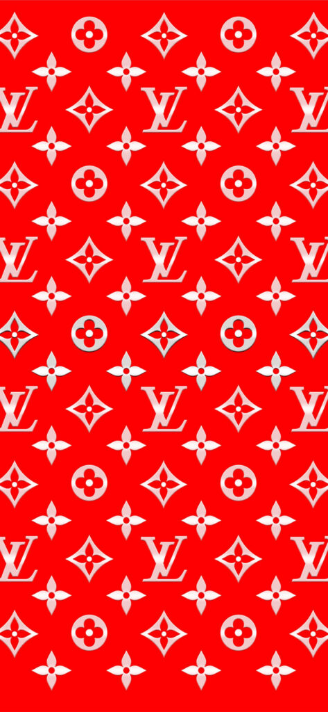 Louis Vuitton white monogram pattern on bold red background luxury brand wallpaper design