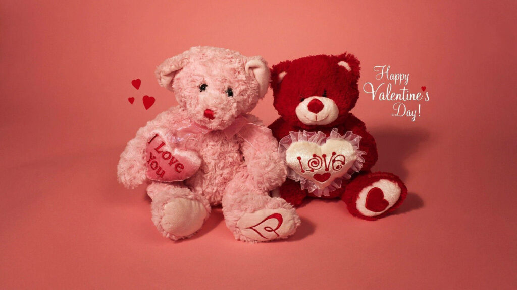 Lovely Teddy Bears Embrace Valentine's Spirit with Heart Pillows - Adorable V-Day Background Wallpaper