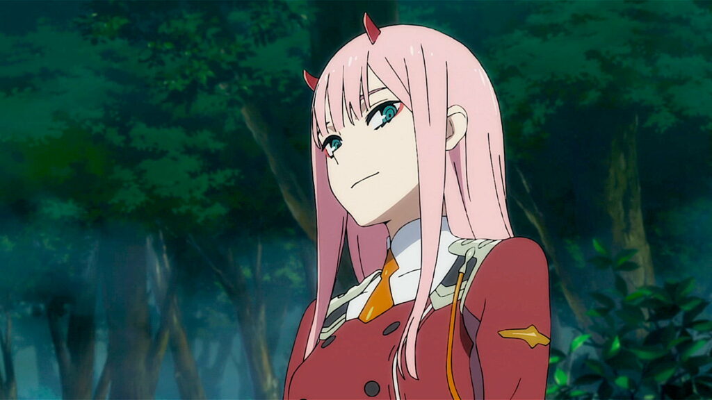 Emerald Forest Embrace: Zero Two and Hiro in Darling In The FranXX Anime, Captivating HD Wallpaper