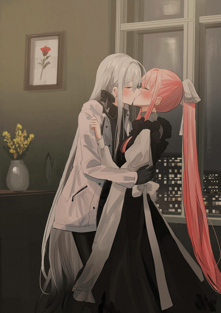 A Tender Moment: Zoya and Yana Embrace Love, Illuminated by the Window's Glow Wallpaper