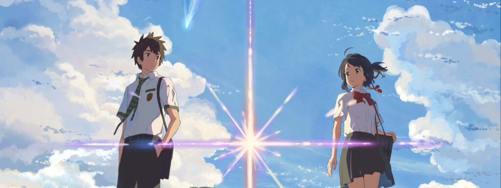 One Love, Two Timelines: A Melodic Journey within Your Name's Anime Romance Wallpaper