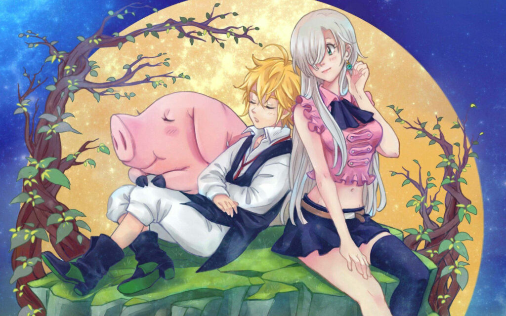 Love Triumphs: A Wallpaper of Meliodas and Elizabeth Defeating the Seven Deadly Sins in Illustration