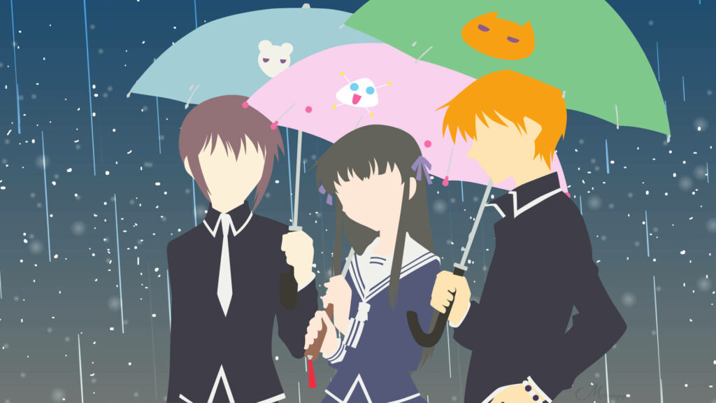 Rainy Encounters: Fruits Basket's Akito, Tohru, and Kyo Navigate a Love Triangle Amidst Downpour Wallpaper
