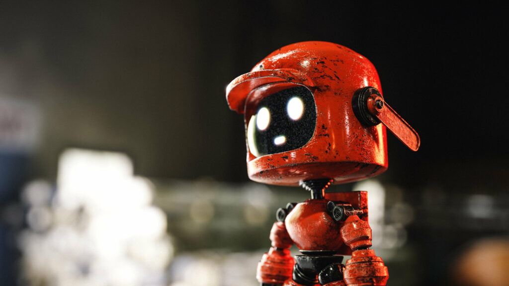 The Fiery Romance of a Crimson Automaton: A Death + Robots-Inspired 4K Wallpaper