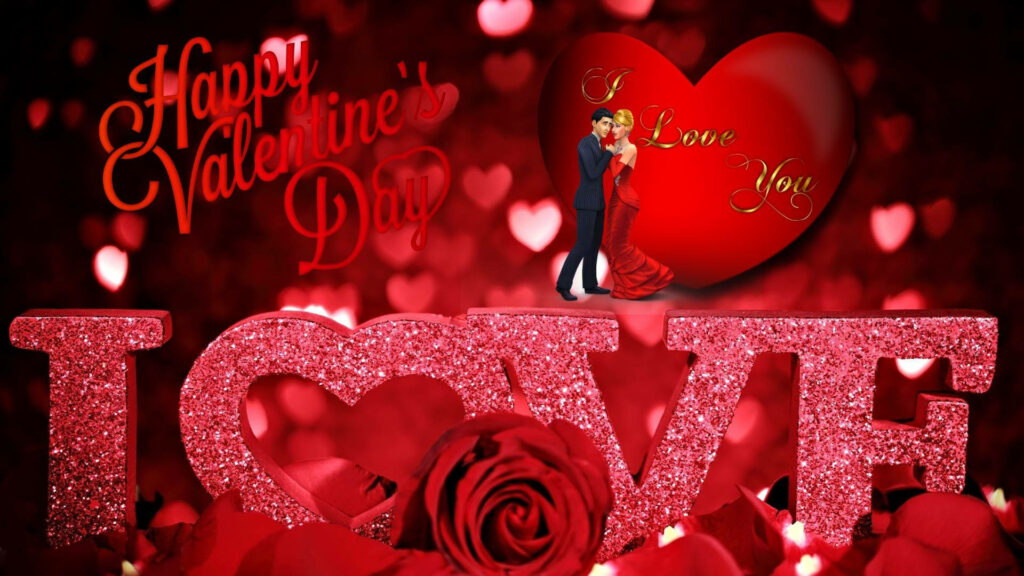 Romantic Valentine's Day wallpaper with glowing heart digital couple sparkling LOVE sign red rose