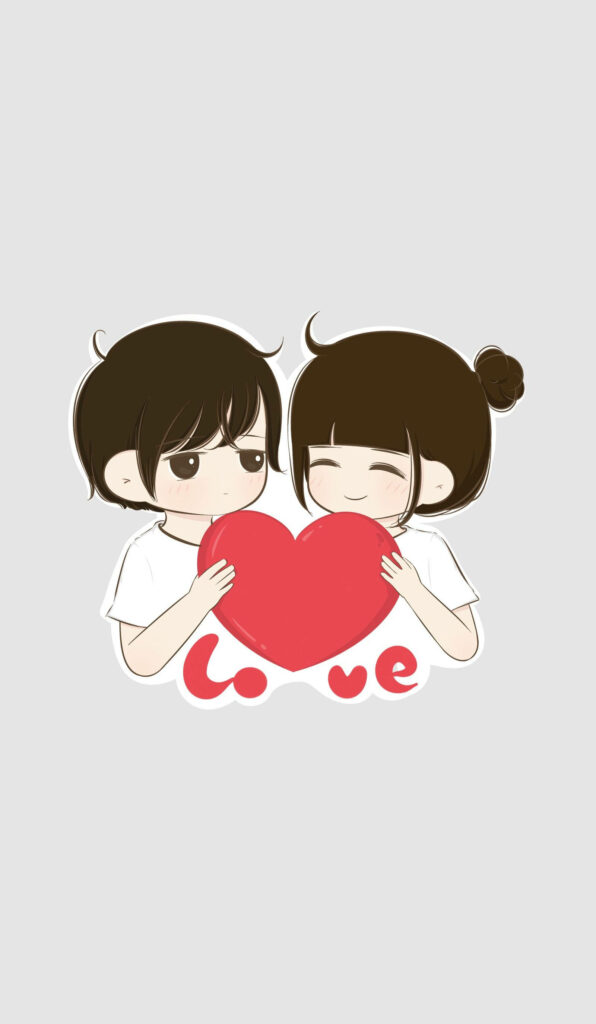 Smiling Cartoon Couple Embracing Love with a Red Heart Background Wallpaper
