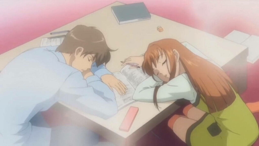 Blissful Dreams: Serene Anime Couple Lost in Love's Embrace on a Table Wallpaper