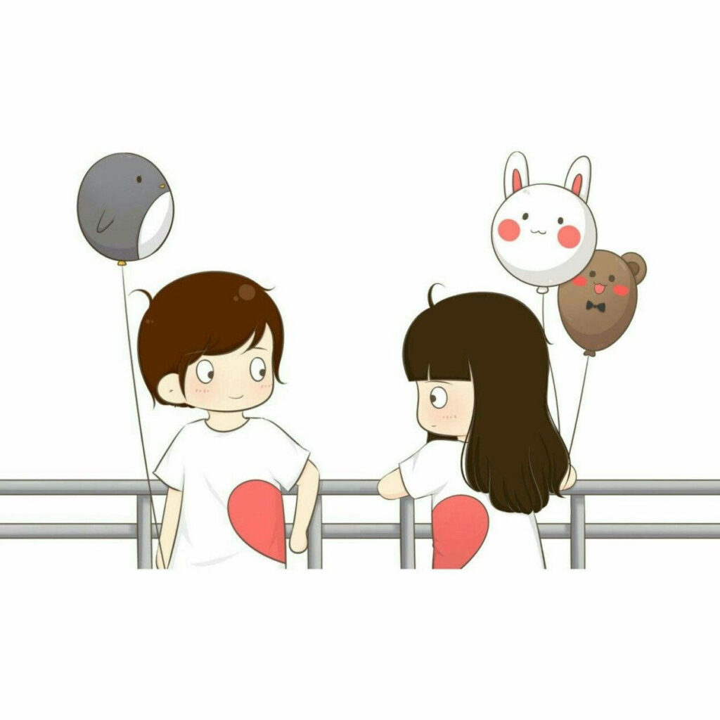 Whimsical Love: Delightful Cartoon Duo Embracing with Playful Animal Balloons Wallpaper