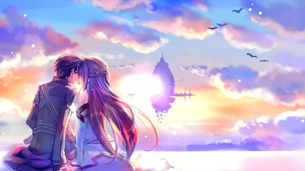 Star-Crossed Kiss: A Romantic Anime Couple HD Wallpaper with Aesthetic Sky Background