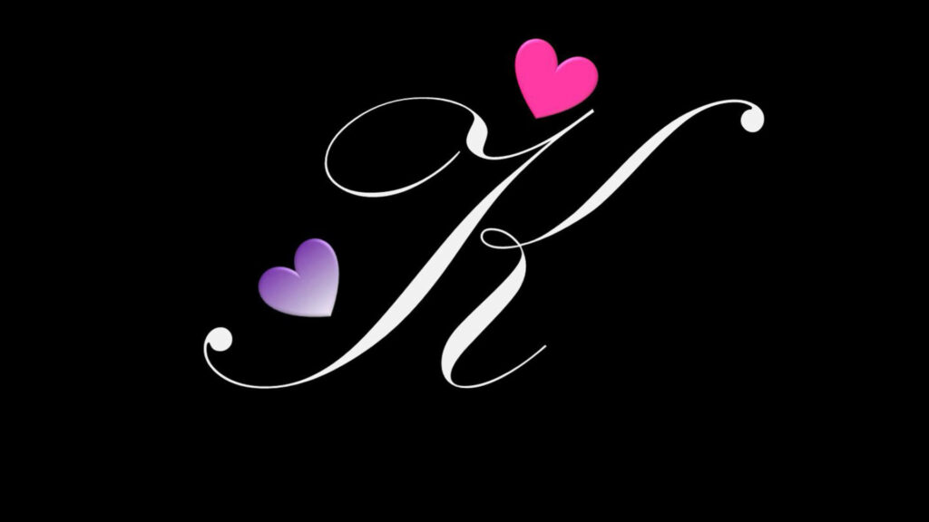Heartfelt Elegance: Exquisite Wallpaper Featuring the Majestic Letter K in Stylish Script Font, Adorned with Playful Pink and Purple Hearts