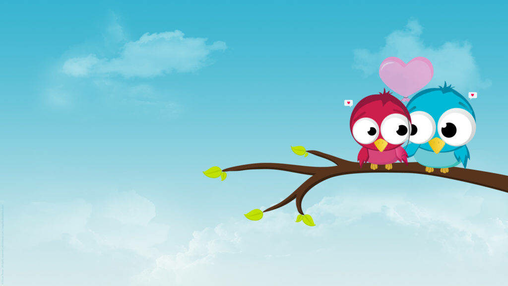 Celestial Love: Adorable Bird Pair on Enchanted Branch Wallpaper