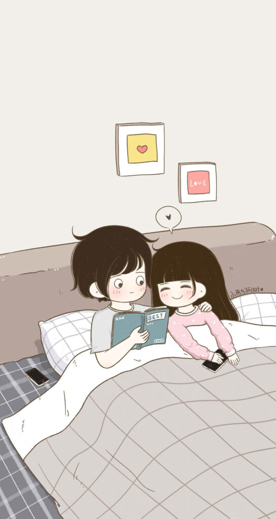 The Cozy Corner: Adorable Cartoon Couple immersed in a Shared Reading Experience Wallpaper