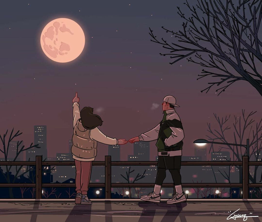 Moonlit Romance: Whimsical Anime Duo Enjoys a Magical Night Together Wallpaper