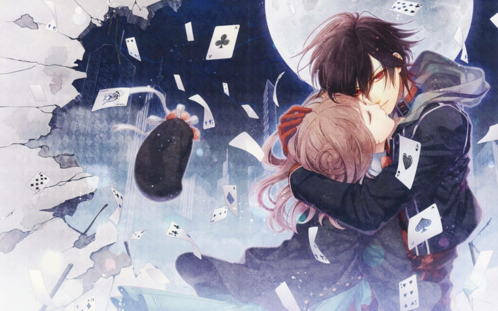Romantic Night under the Moon: Adorable Anime Couple Engaged in a Loving Embrace Amidst a Deck of Scattered Playing Cards Wallpaper