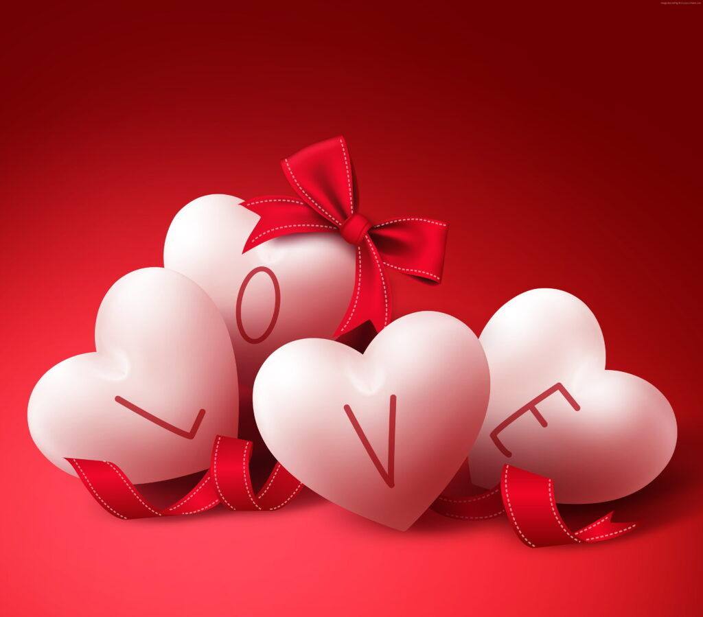 3D white heart LOVE letters with red ribbon on glowing red gradient Valentine’s Day wallpaper