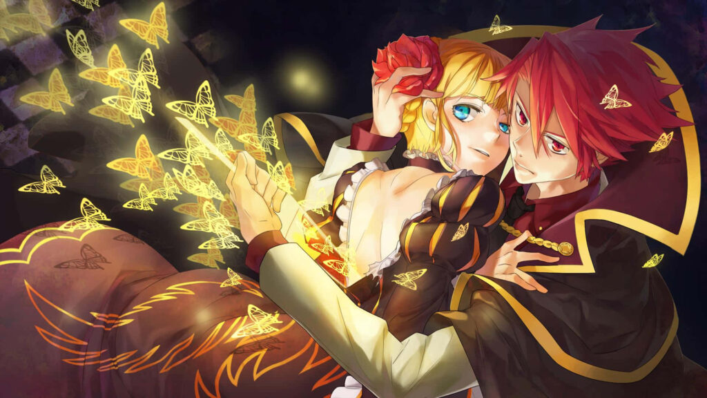 Adorable Anime Lovebirds Indulging in Romantic Togetherness: A Beautiful Duo in Colorful Attire Cherishing Each Other's Company Wallpaper