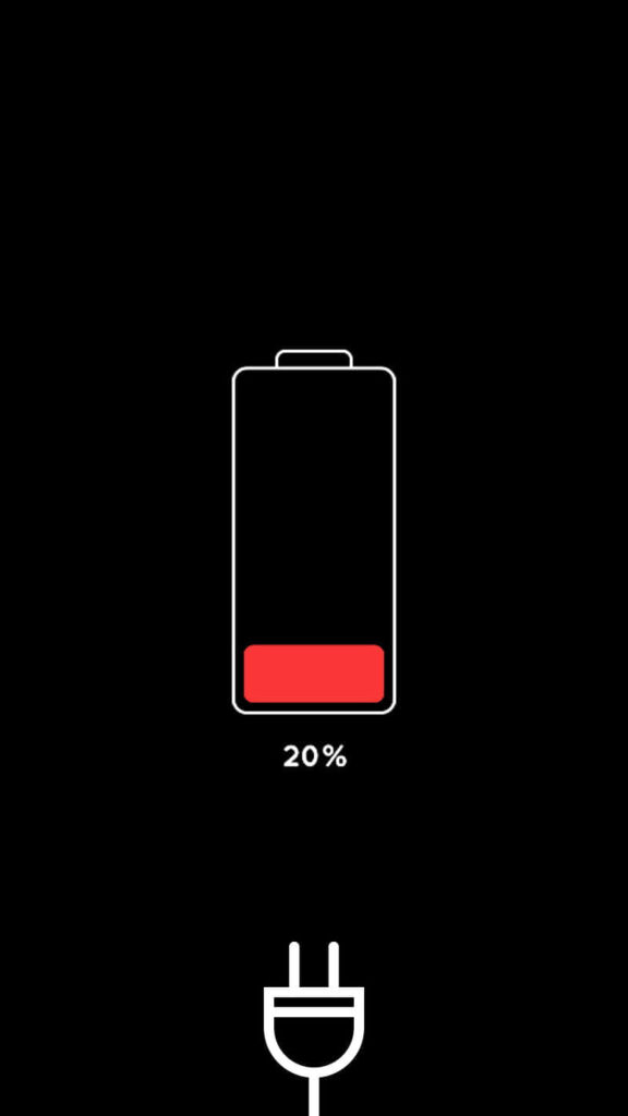 Digital Representation of a Battery with 20% Remaining Life and Charging Symbol on Dark Background Wallpaper