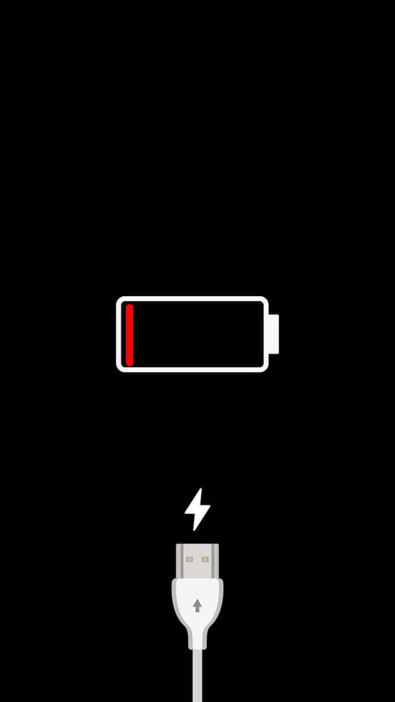 Minimalistic Low Battery Alert with Red Bar and Android Charging Port on Void Background Wallpaper