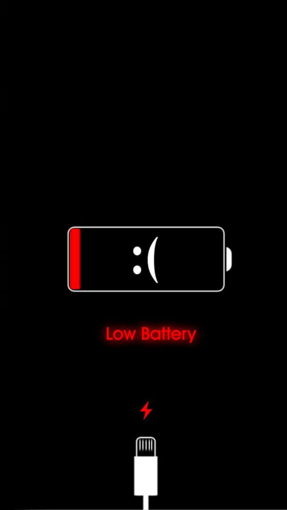 Battery Symbol Beside a Mourning iPhone-like Screen, Desperately Clinging to the Charging Port Amidst a Profound Darkness Wallpaper