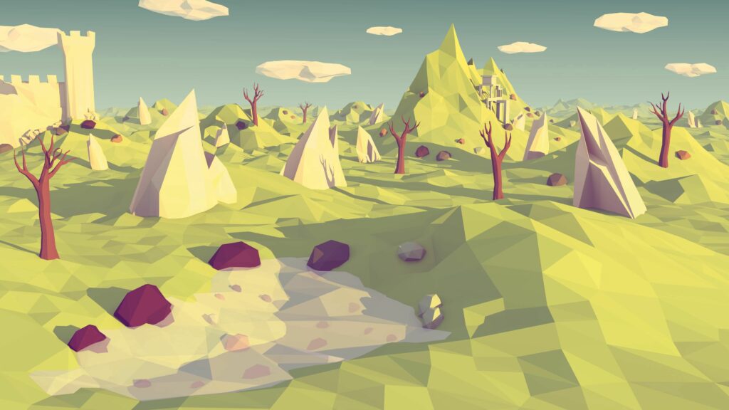 Low Poly Abstract Landscape Wallpaper: Green Mountains & Castle