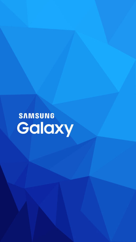 Blue-Shaded Low Poly Artistic Wallpaper for Samsung Galaxy with White Logo.