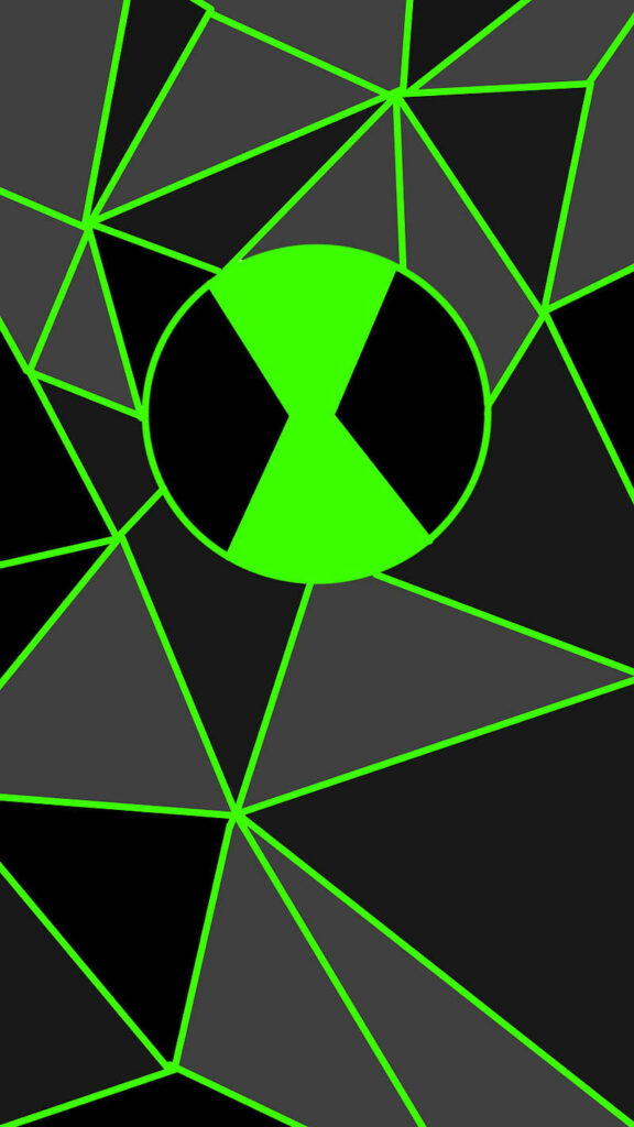 Low poly Ben 10 Omnitrix wallpaper with vibrant green geometric patterns and sharp emblem design