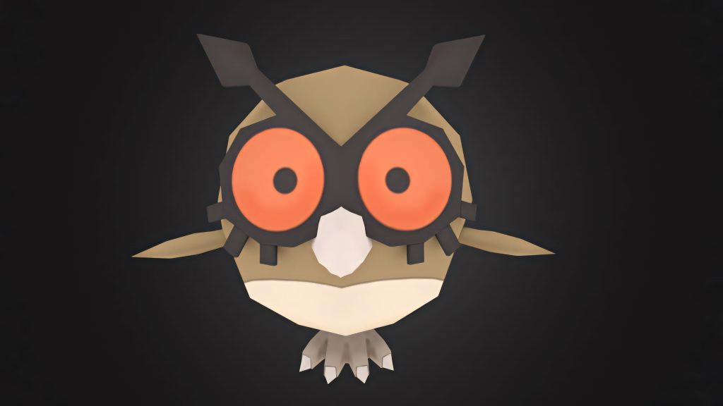 Low-poly 3D Hoothoot Pokémon with large orange eyes on black background gaming wallpaper